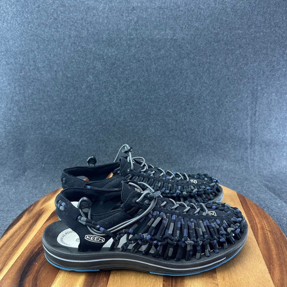 Keen Sandals Uneek Hiking Slip On Mens 10.5 Black Blue Braided Rope Cord 1014617